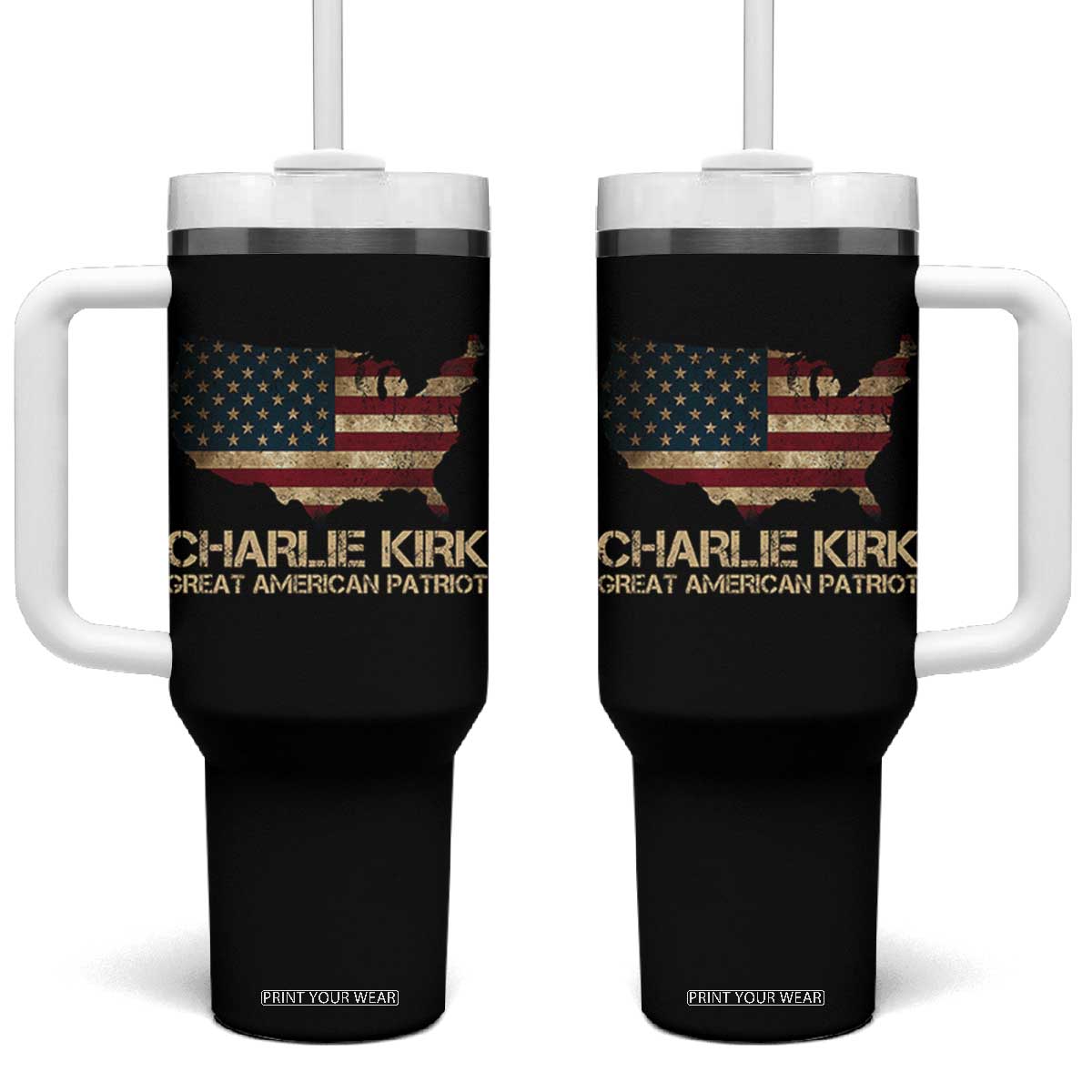 Charlie Kirk Tumbler With Handle Great American Patriot USA Flag TS10 One Size: 40 oz Black Print Your Wear