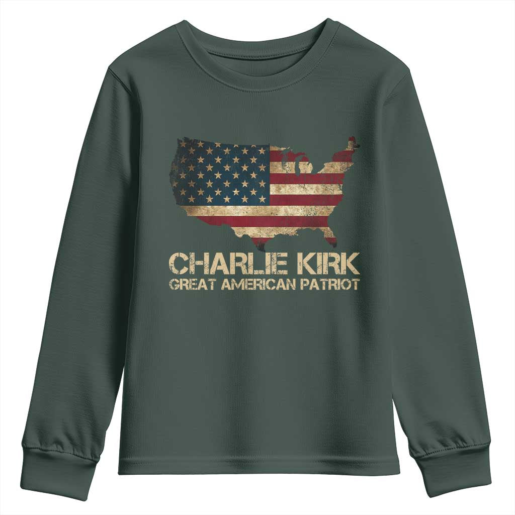 Charlie Kirk Youth Sweatshirt Great American Patriot USA Flag TS10 Dark Forest Green Print Your Wear