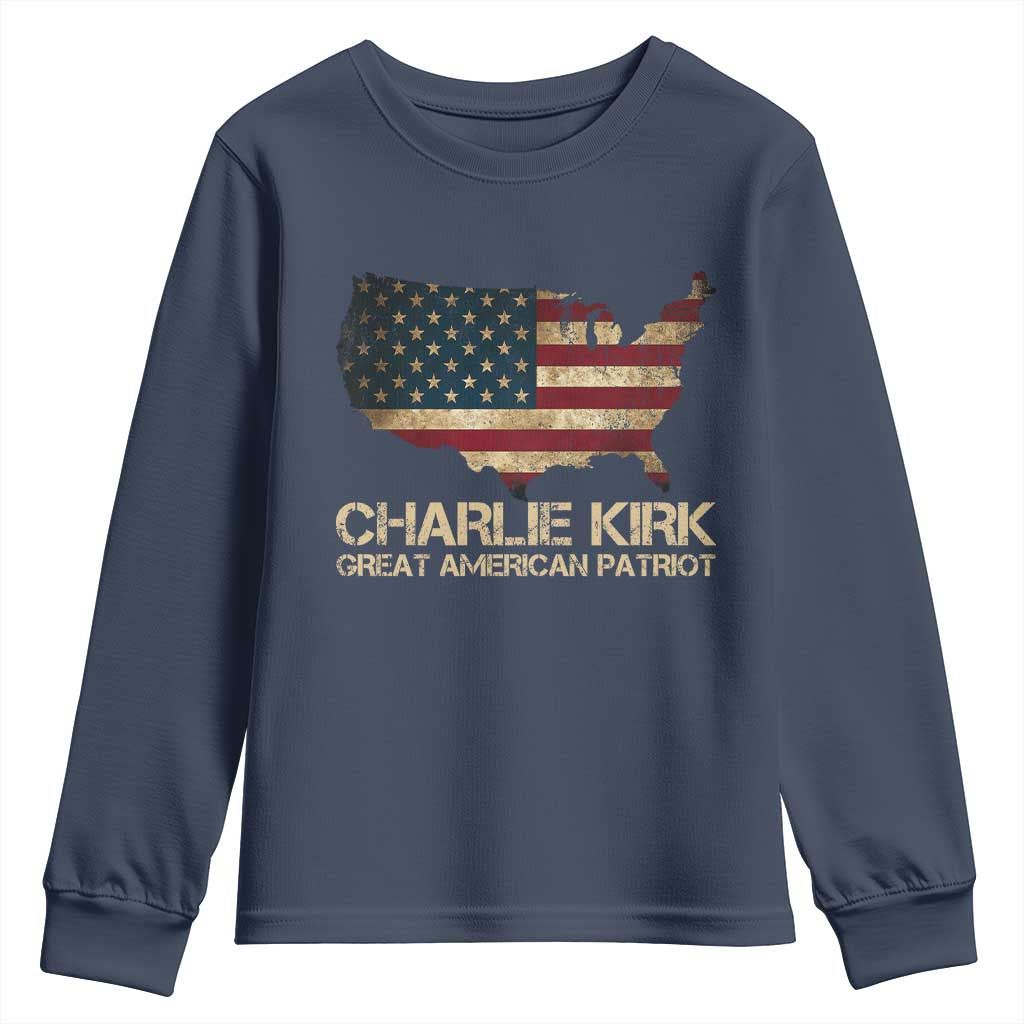 Charlie Kirk Youth Sweatshirt Great American Patriot USA Flag TS10 Navy Print Your Wear