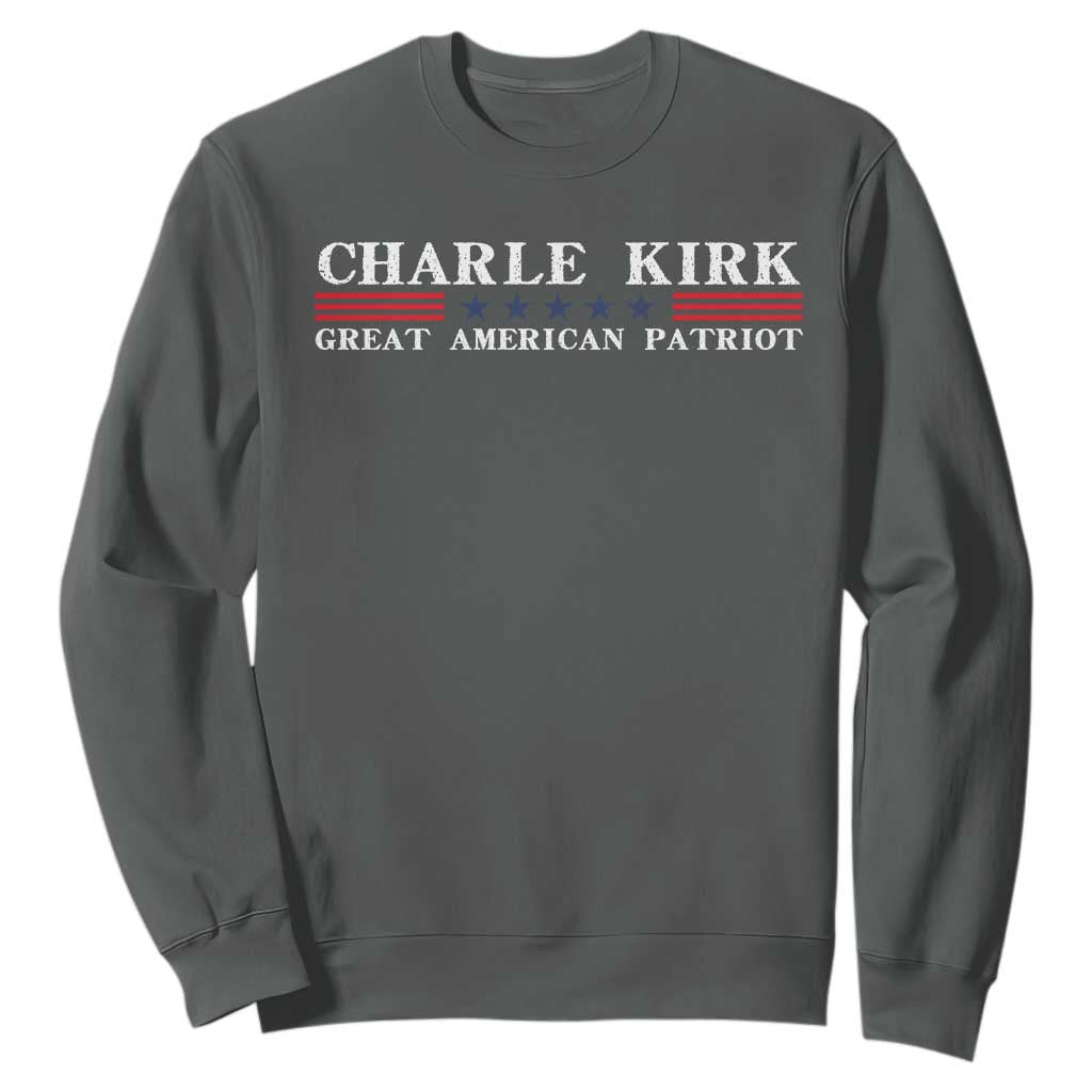 Charlie Kirk Sweatshirt Great American Patriot USA Freedom Conservative TS10 Dark Heather Print Your Wear