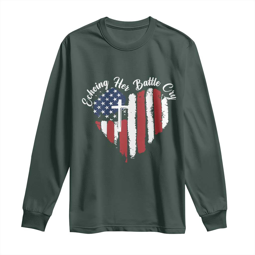 Charlie Kirk Memorial Long Sleeve Shirt Battle Cry Erika Kirk Christian USA Flag Cross TS10 Dark Forest Green Print Your Wear