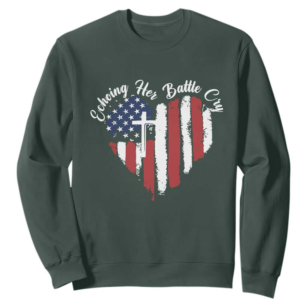 Charlie Kirk Memorial Sweatshirt Battle Cry Erika Kirk Christian USA Flag Cross TS10 Dark Forest Green Print Your Wear