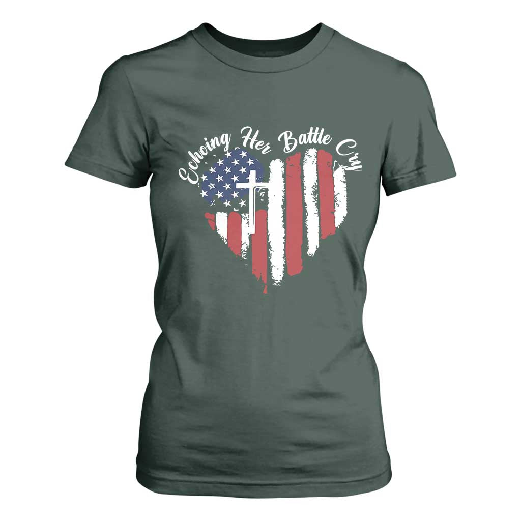 Charlie Kirk Memorial T Shirt For Women Battle Cry Erika Kirk Christian USA Flag Cross TS10 Dark Forest Green Print Your Wear