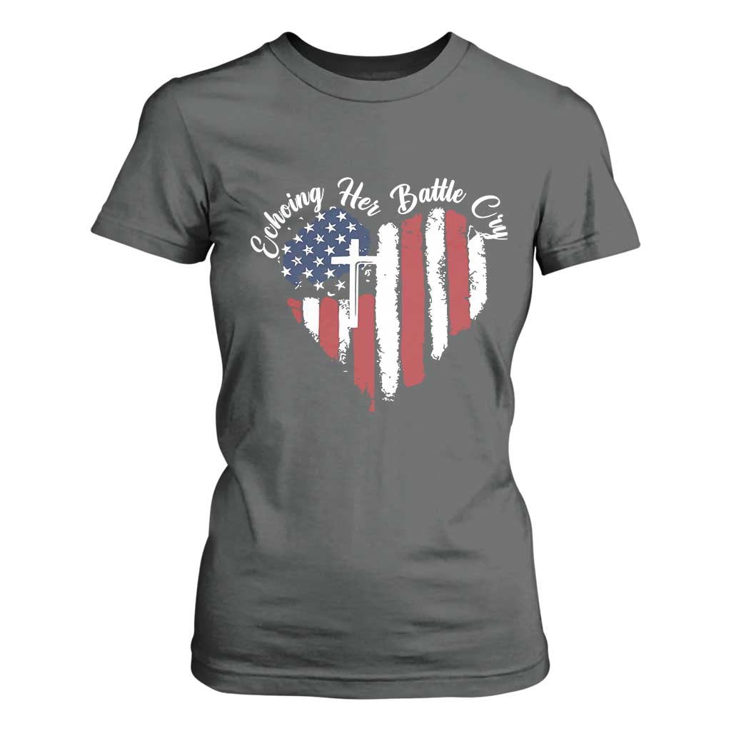 Charlie Kirk Memorial T Shirt For Women Battle Cry Erika Kirk Christian USA Flag Cross TS10 Dark Heather Print Your Wear