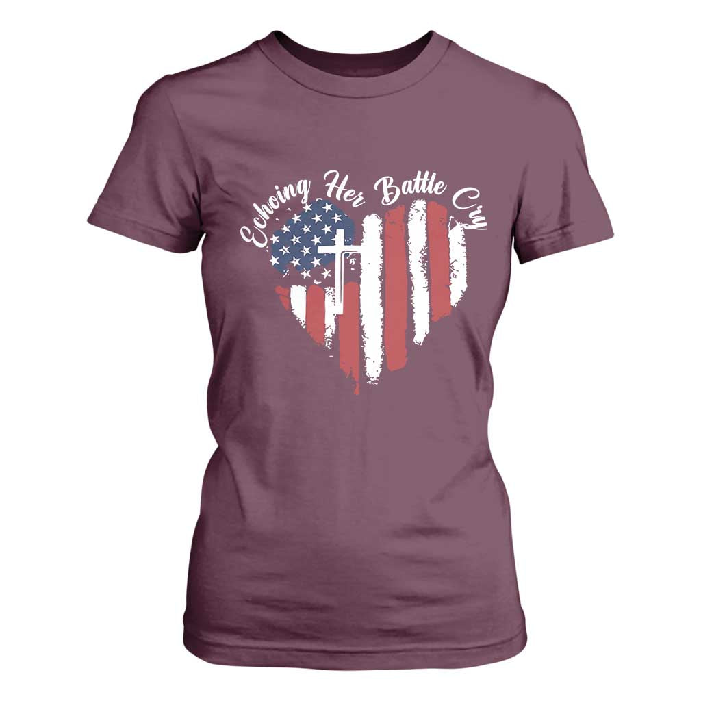 Charlie Kirk Memorial T Shirt For Women Battle Cry Erika Kirk Christian USA Flag Cross TS10 Maroon Print Your Wear