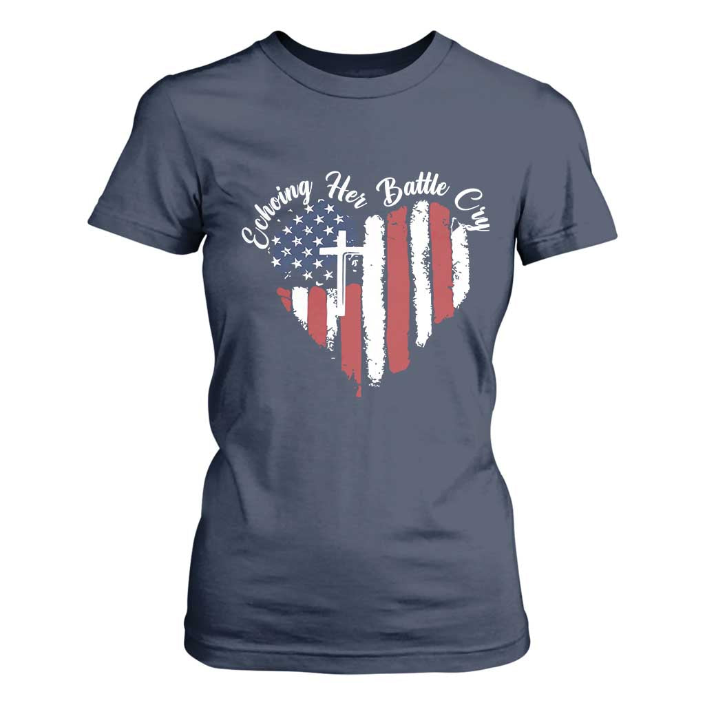 Charlie Kirk Memorial T Shirt For Women Battle Cry Erika Kirk Christian USA Flag Cross TS10 Navy Print Your Wear