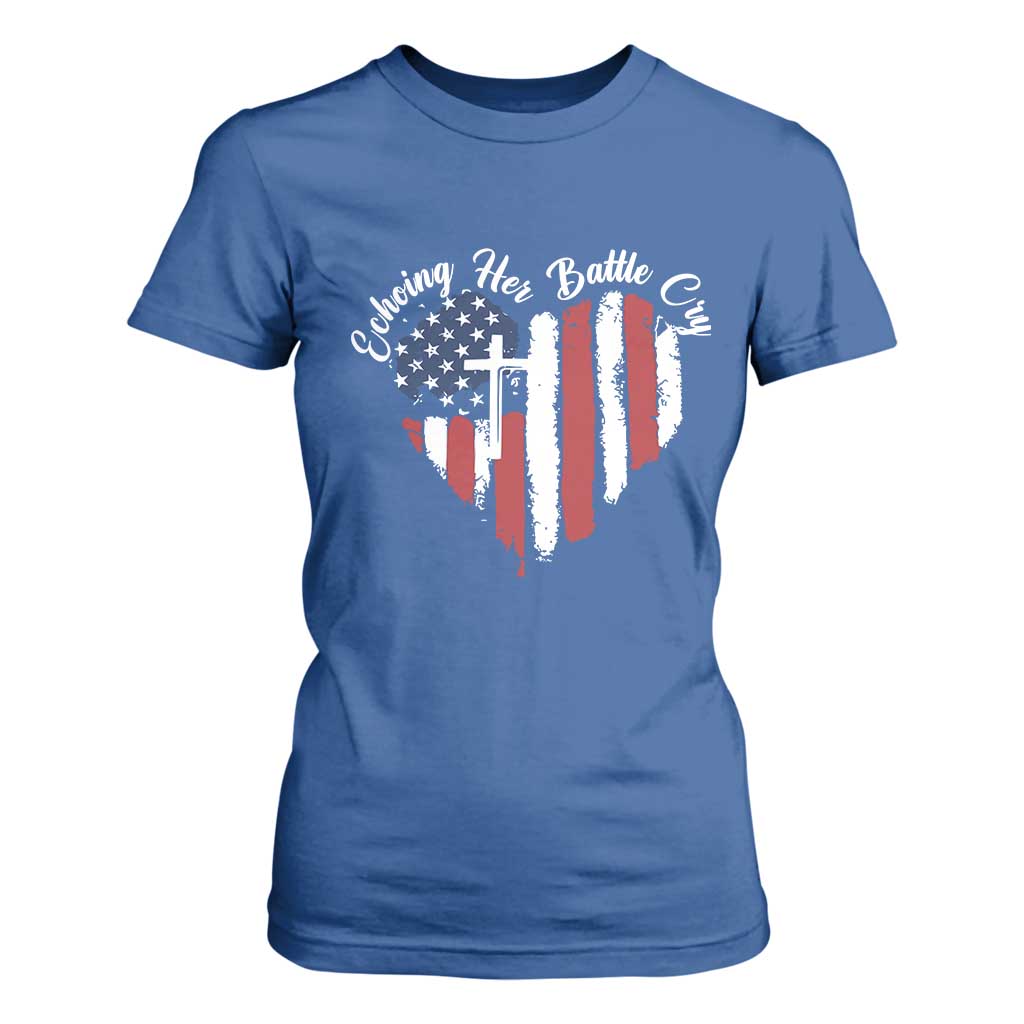 Charlie Kirk Memorial T Shirt For Women Battle Cry Erika Kirk Christian USA Flag Cross TS10 Royal Blue Print Your Wear