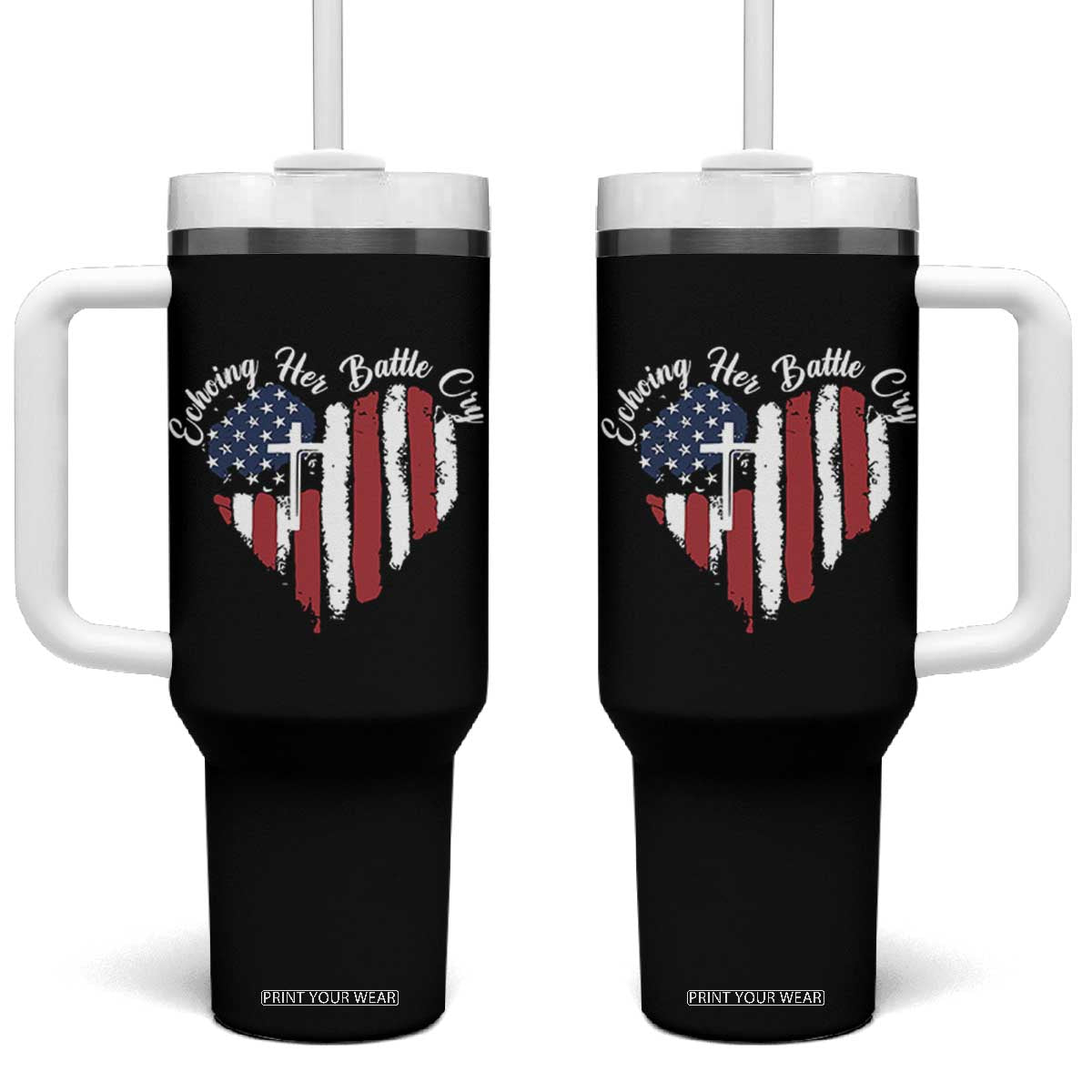 Charlie Kirk Memorial Tumbler With Handle Battle Cry Erika Kirk Christian USA Flag Cross TS10 One Size: 40 oz Black Print Your Wear