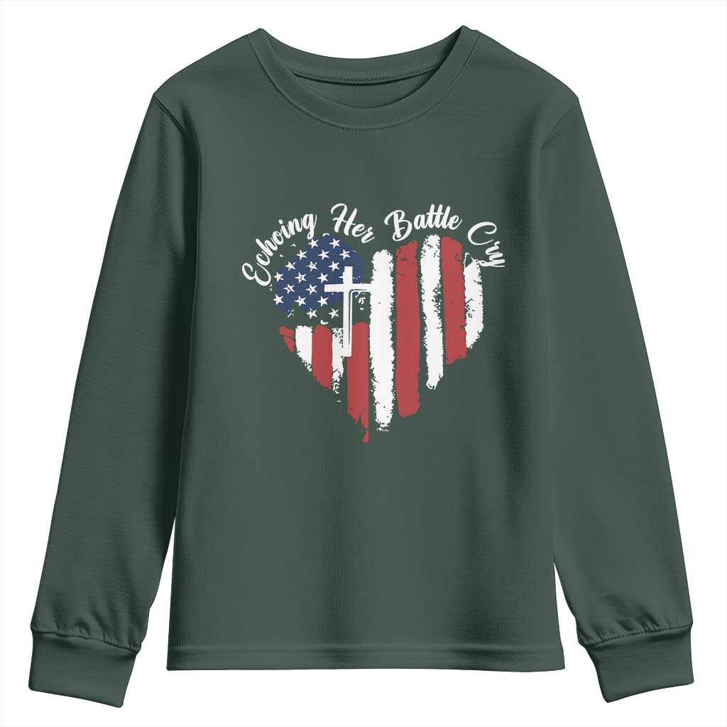 Charlie Kirk Memorial Youth Sweatshirt Battle Cry Erika Kirk Christian USA Flag Cross TS10 Dark Forest Green Print Your Wear