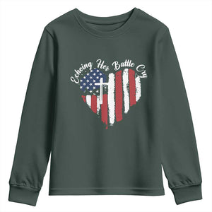 Charlie Kirk Memorial Youth Sweatshirt Battle Cry Erika Kirk Christian USA Flag Cross TS10 Dark Forest Green Print Your Wear