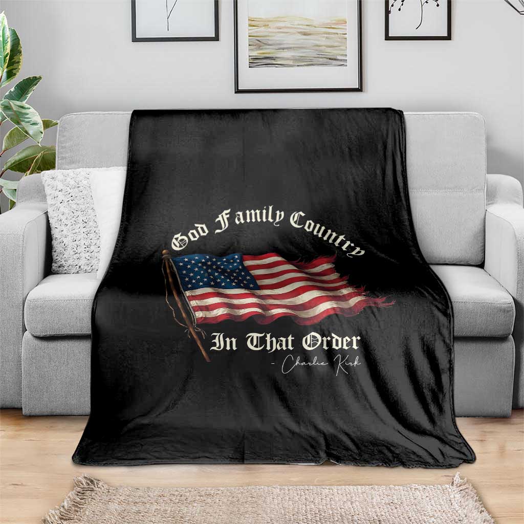 God Family Country In That Order Throw Blanket Charlie Kirk Patriotic Christian Vintage USA Flag TS10 Print Your Wear