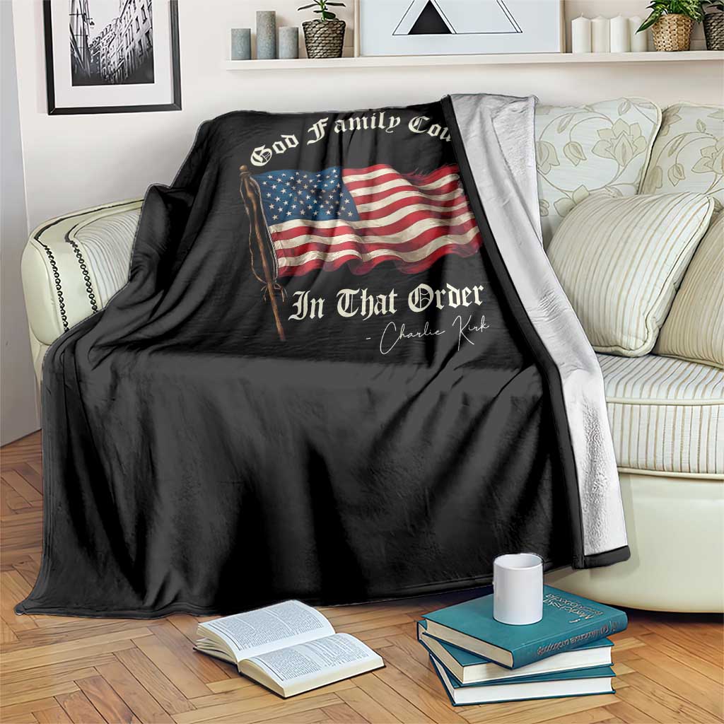 God Family Country In That Order Throw Blanket Charlie Kirk Patriotic Christian Vintage USA Flag TS10 Print Your Wear