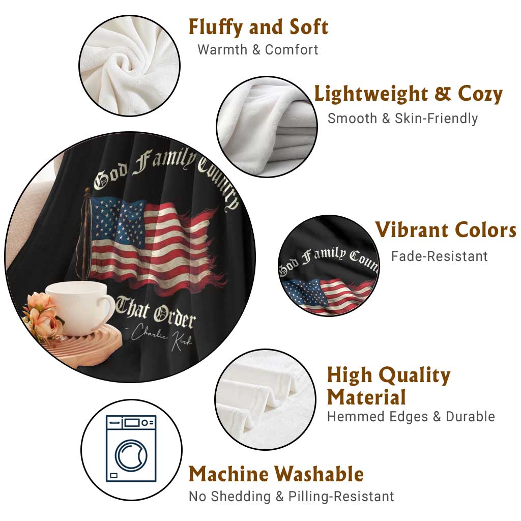 God Family Country In That Order Throw Blanket Charlie Kirk Patriotic Christian Vintage USA Flag TS10 Print Your Wear