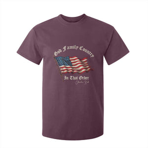 God Family Country In That Order T Shirt For Kid Charlie Kirk Patriotic Christian Vintage USA Flag TS10 Maroon Print Your Wear
