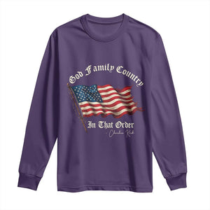 God Family Country In That Order Long Sleeve Shirt Charlie Kirk Patriotic Christian Vintage USA Flag TS10 Purple Print Your Wear