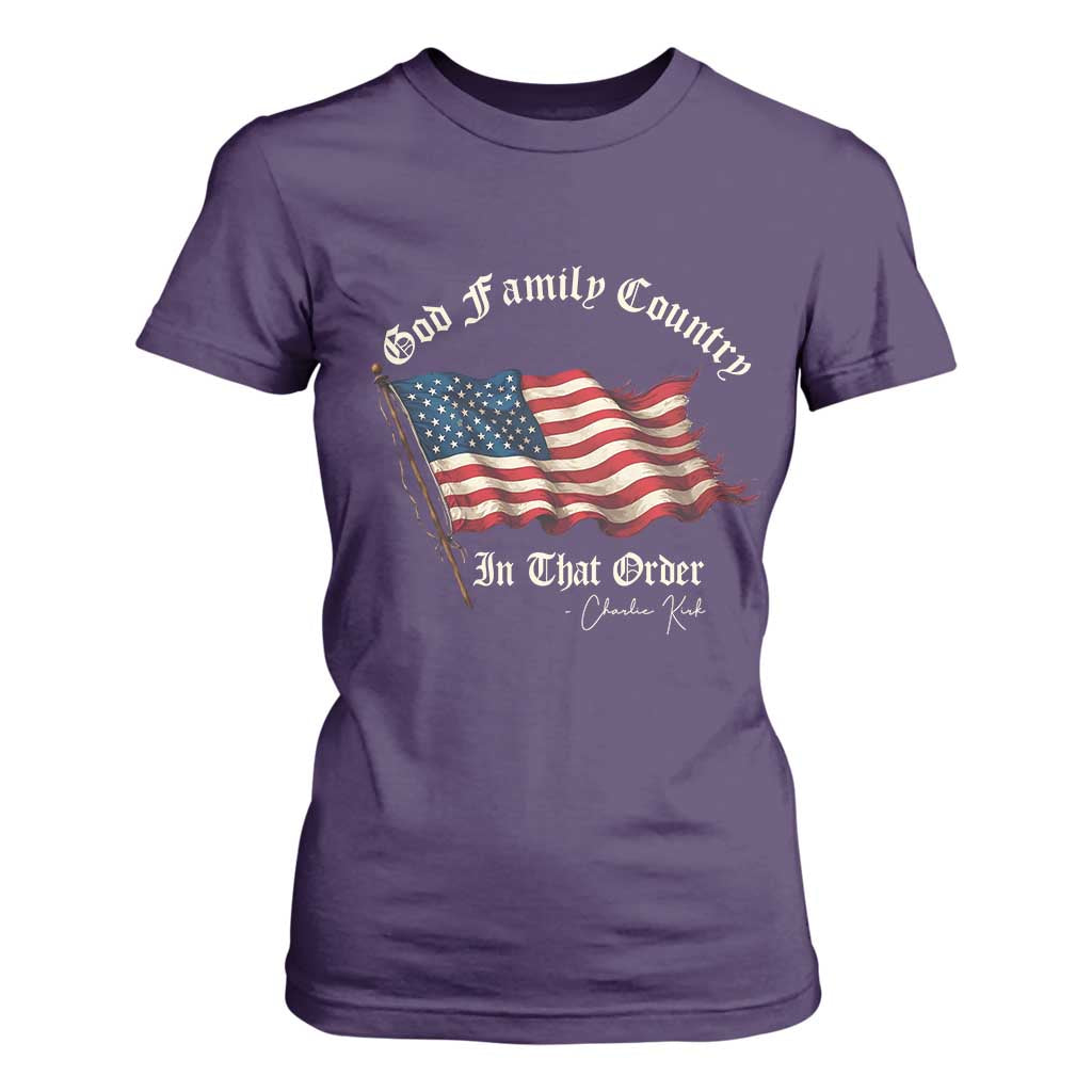 God Family Country In That Order T Shirt For Women Charlie Kirk Patriotic Christian Vintage USA Flag TS10 Purple Print Your Wear