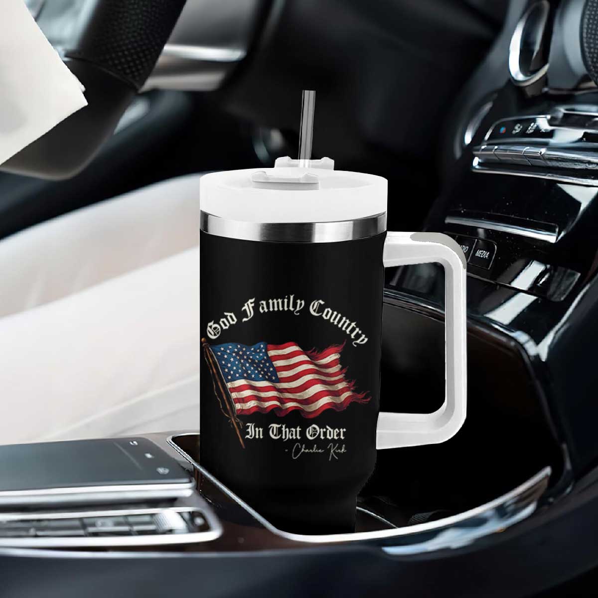 God Family Country In That Order Tumbler With Handle Charlie Kirk Patriotic Christian Vintage USA Flag TS10 Print Your Wear