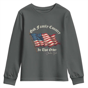 God Family Country In That Order Youth Sweatshirt Charlie Kirk Patriotic Christian Vintage USA Flag TS10 Dark Heather Print Your Wear