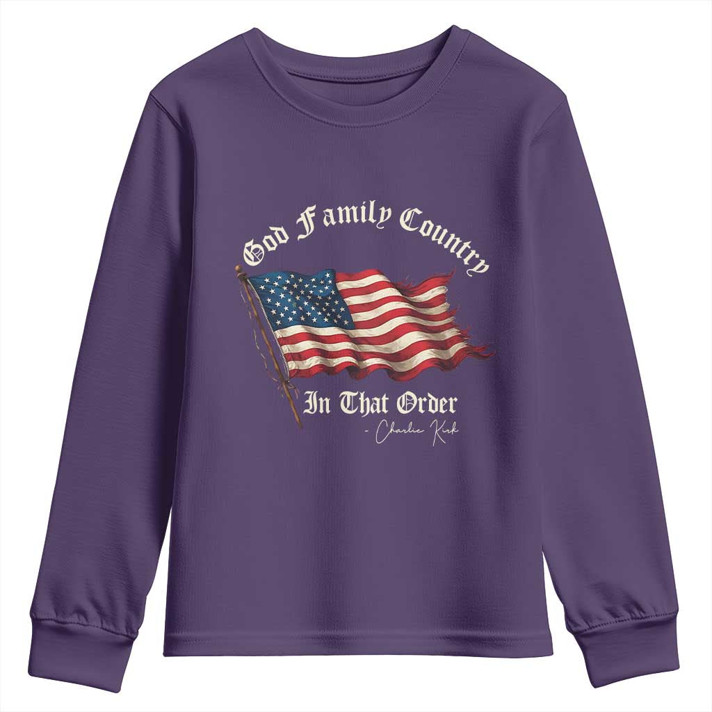 God Family Country In That Order Youth Sweatshirt Charlie Kirk Patriotic Christian Vintage USA Flag TS10 Purple Print Your Wear