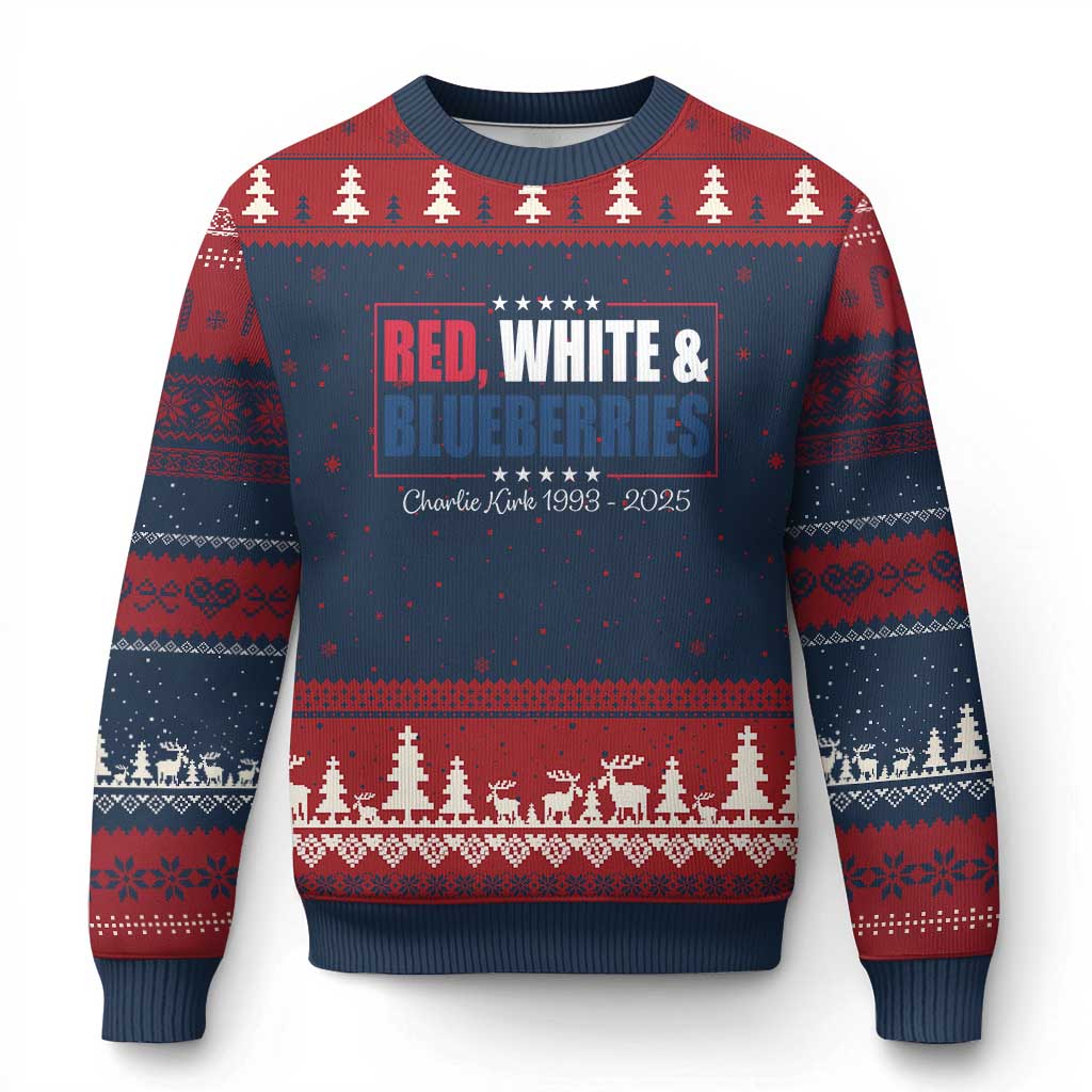 Red White Blueberries Ugly Christmas Sweater Charlie Kirk Inspired Patriotic Memorial Freedom TS10 Navy Red Print Your Wear