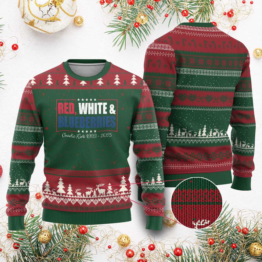 Red White Blueberries Ugly Christmas Sweater Charlie Kirk Inspired Patriotic Memorial Freedom TS10 Red Green Print Your Wear