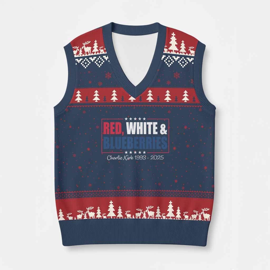 Red White Blueberries V-Neck Knit Sweater Vest Charlie Kirk Inspired Patriotic Memorial Freedom TS10 Navy Red Print Your Wear