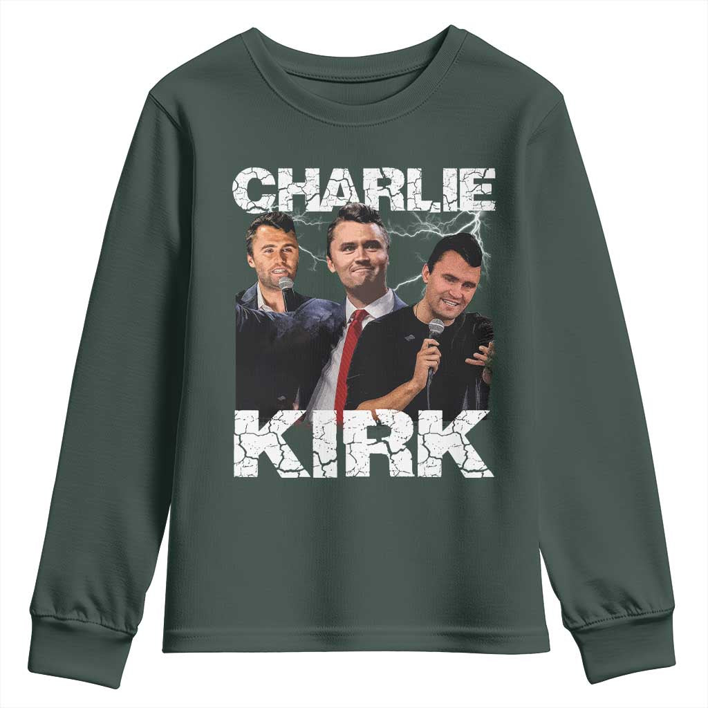 Charlie Kirk Youth Sweatshirt Freedom Speech A True Patriot Tribute Bootleg TS10 Dark Forest Green Print Your Wear