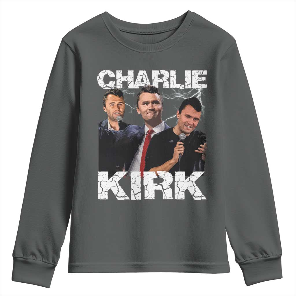 Charlie Kirk Youth Sweatshirt Freedom Speech A True Patriot Tribute Bootleg TS10 Dark Heather Print Your Wear