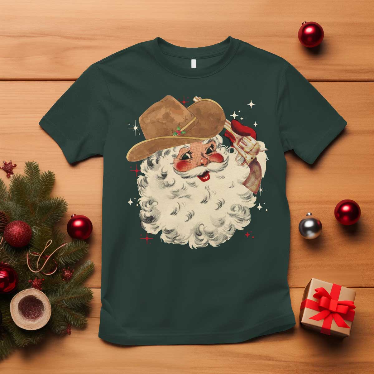 Christmas Cowboy T Shirt Santa Claus Merry Xmas Vintage 90s Western Country TS10 Dark Forest Green Print Your Wear