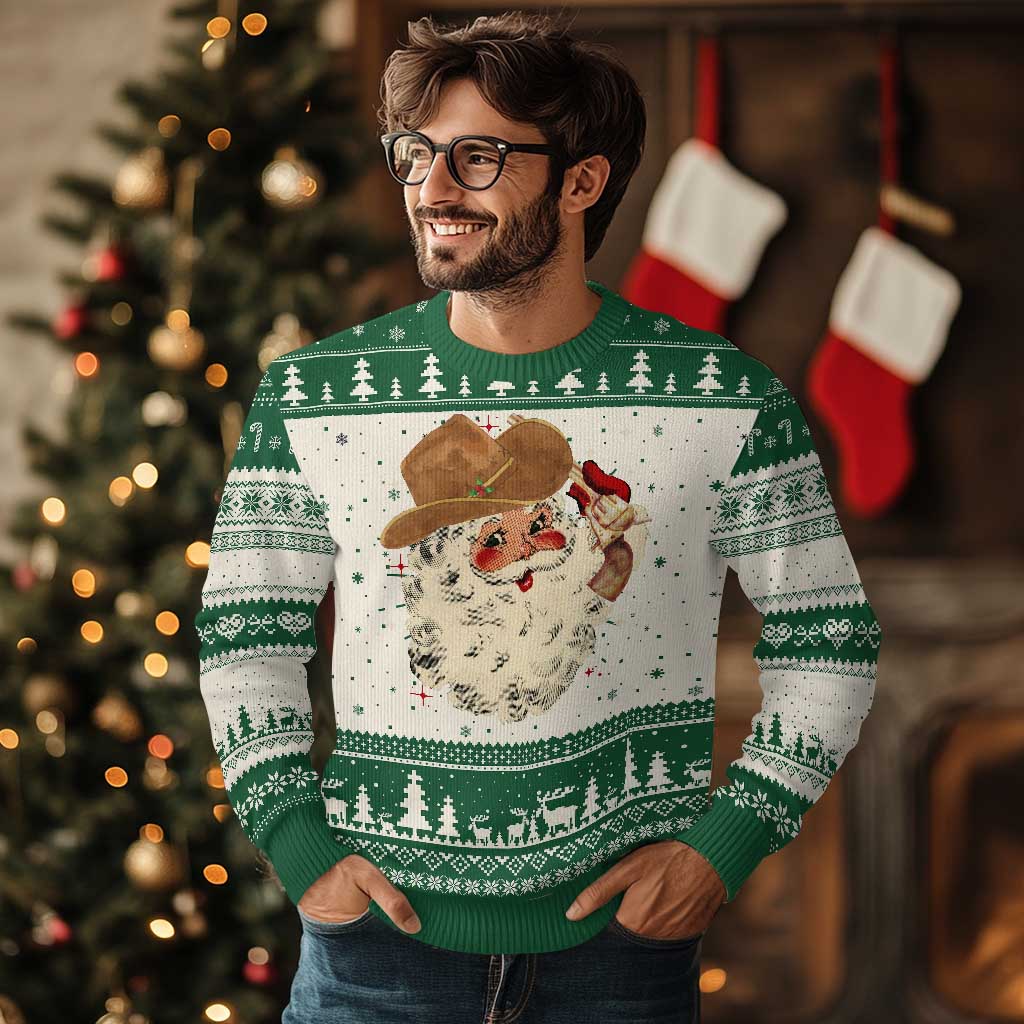 Cowboy Ugly Christmas Sweater Santa Claus Merry Xmas Vintage 90s Western Country TS10 Green Print Your Wear
