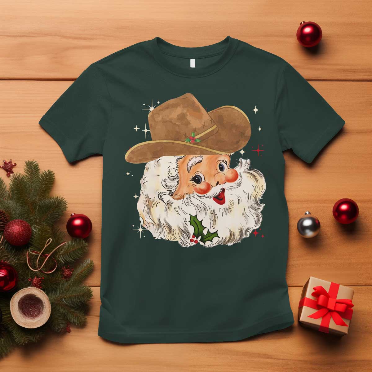 Christmas Cowboy T Shirt Santa Claus Vintage 90s Western Country Music Outfit TS10 Dark Forest Green Print Your Wear