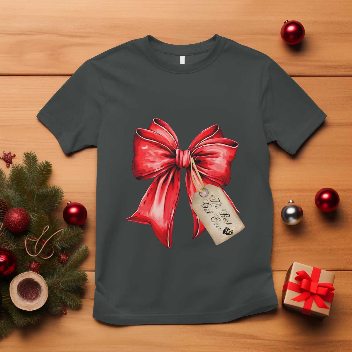 Christmas Pregnancy Announcement T Shirt Coquette Bow Xmas Maternity Gift TS10 Dark Heather Print Your Wear