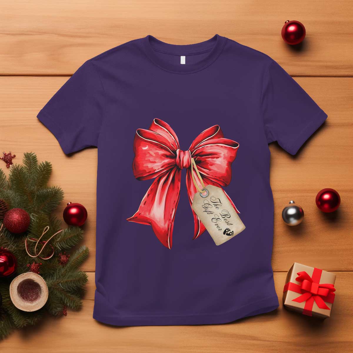 Christmas Pregnancy Announcement T Shirt Coquette Bow Xmas Maternity Gift TS10 Purple Print Your Wear
