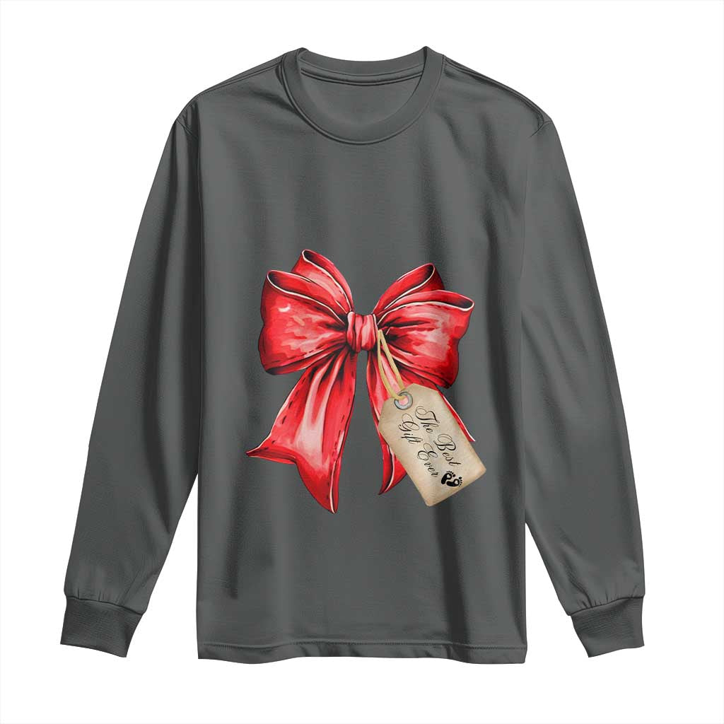 Christmas Pregnancy Announcement Long Sleeve Shirt Coquette Bow Xmas Maternity Gift TS10 Dark Heather Print Your Wear