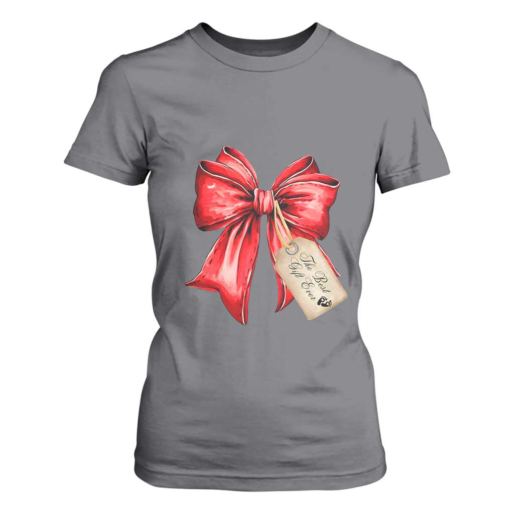 Christmas Pregnancy Announcement T Shirt For Women Coquette Bow Xmas Maternity Gift TS10 Charcoal Print Your Wear