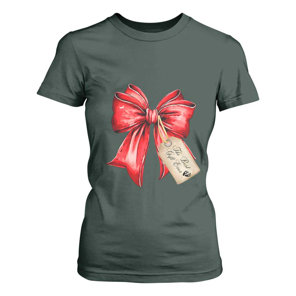 Christmas Pregnancy Announcement T Shirt For Women Coquette Bow Xmas Maternity Gift TS10 Dark Forest Green Print Your Wear