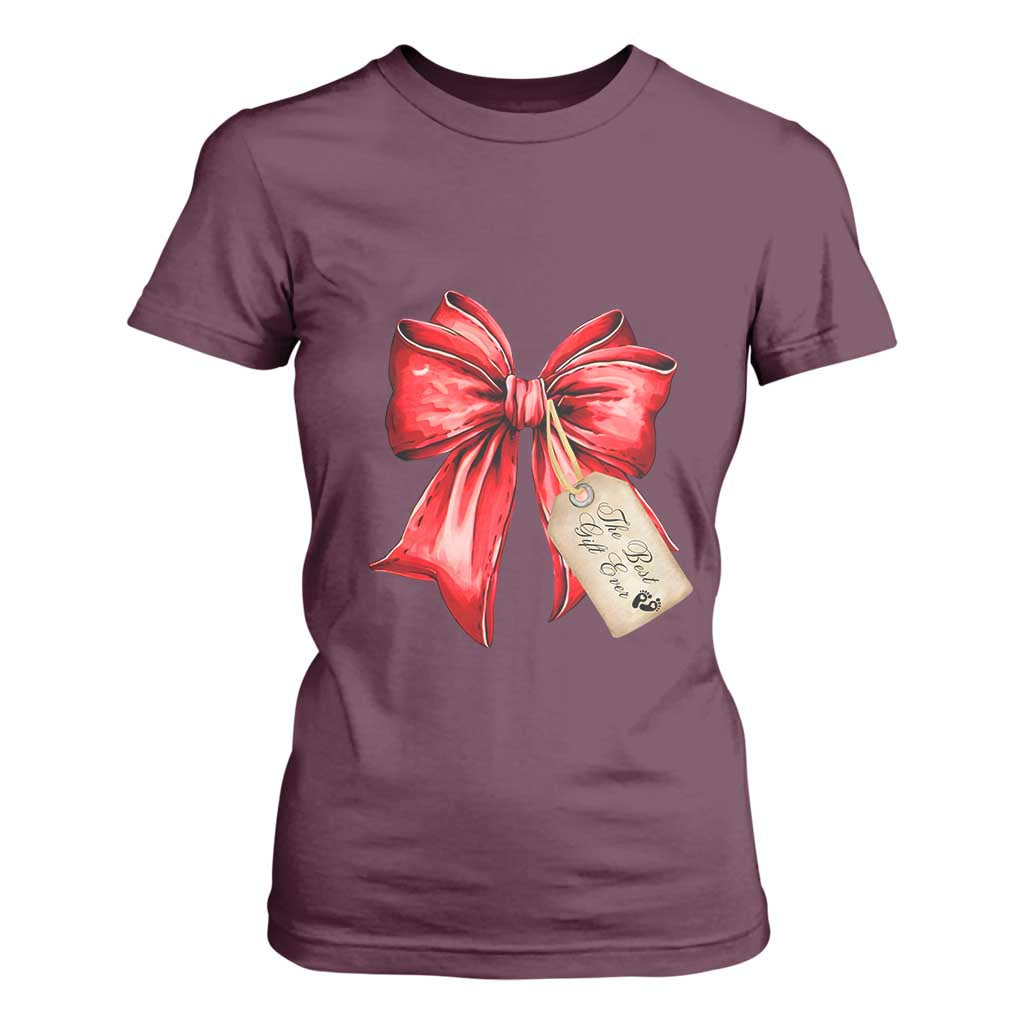Christmas Pregnancy Announcement T Shirt For Women Coquette Bow Xmas Maternity Gift TS10 Maroon Print Your Wear