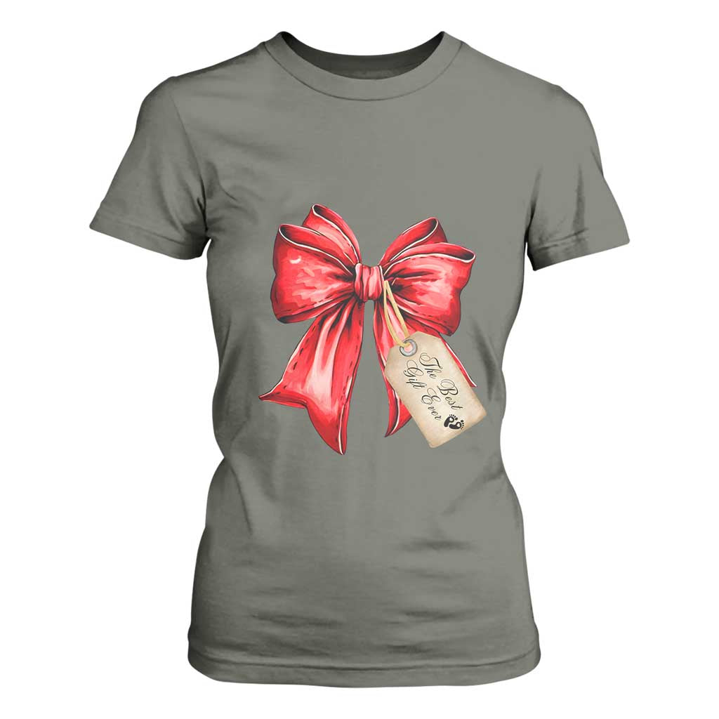 Christmas Pregnancy Announcement T Shirt For Women Coquette Bow Xmas Maternity Gift TS10 Military Green Print Your Wear