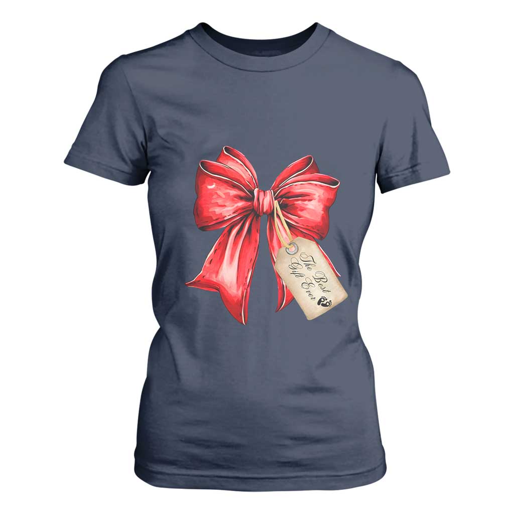 Christmas Pregnancy Announcement T Shirt For Women Coquette Bow Xmas Maternity Gift TS10 Navy Print Your Wear