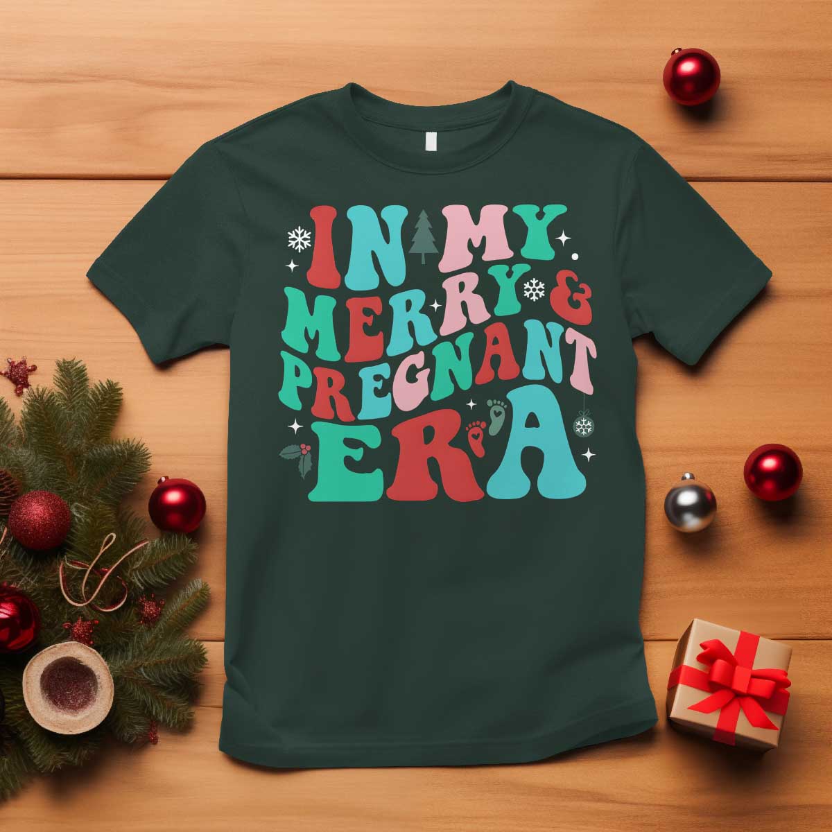 Christmas Pregnancy Announcement T Shirt Merry & Pregnant Era Cute Groovy Christmas Holiday Xmas TS10 Dark Forest Green Print Your Wear