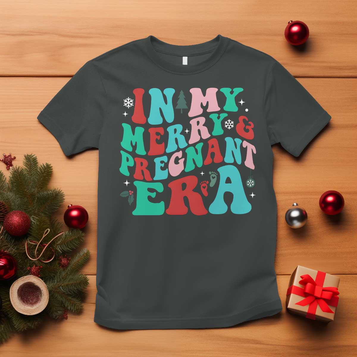 Christmas Pregnancy Announcement T Shirt Merry & Pregnant Era Cute Groovy Christmas Holiday Xmas TS10 Dark Heather Print Your Wear