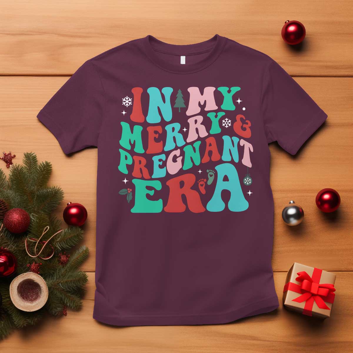 Christmas Pregnancy Announcement T Shirt Merry & Pregnant Era Cute Groovy Christmas Holiday Xmas TS10 Maroon Print Your Wear