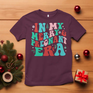 Christmas Pregnancy Announcement T Shirt Merry & Pregnant Era Cute Groovy Christmas Holiday Xmas TS10 Maroon Print Your Wear