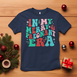Christmas Pregnancy Announcement T Shirt Merry & Pregnant Era Cute Groovy Christmas Holiday Xmas TS10 Navy Print Your Wear
