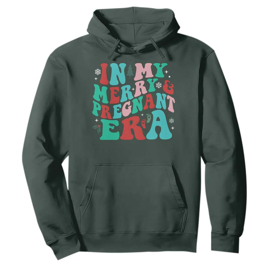 Christmas Pregnancy Announcement Hoodie Merry & Pregnant Era Cute Groovy Christmas Holiday Xmas TS10 Dark Forest Green Print Your Wear