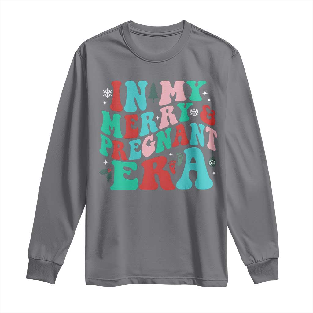 Christmas Pregnancy Announcement Long Sleeve Shirt Merry & Pregnant Era Cute Groovy Christmas Holiday Xmas TS10 Charcoal Print Your Wear