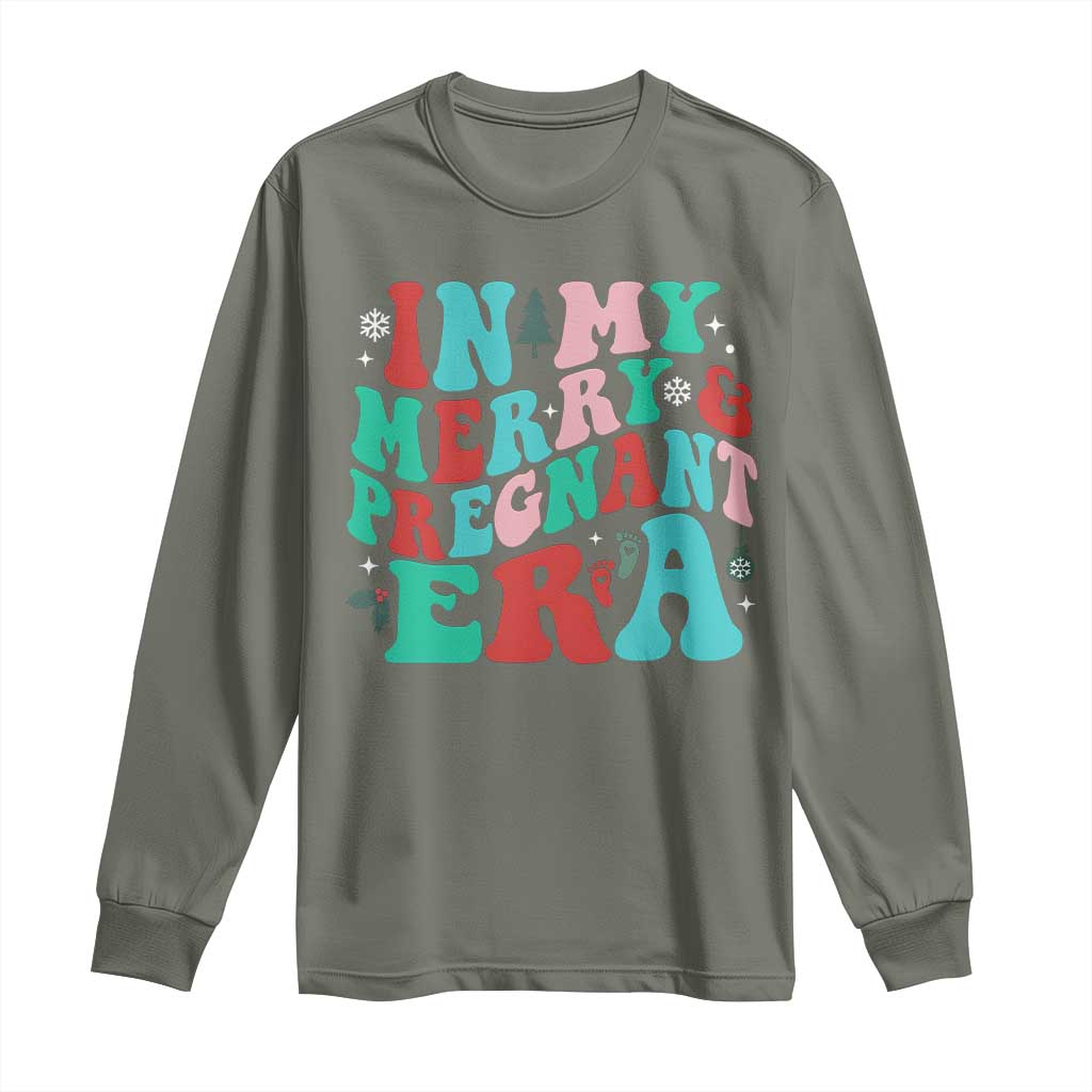 Christmas Pregnancy Announcement Long Sleeve Shirt Merry & Pregnant Era Cute Groovy Christmas Holiday Xmas TS10 Military Green Print Your Wear