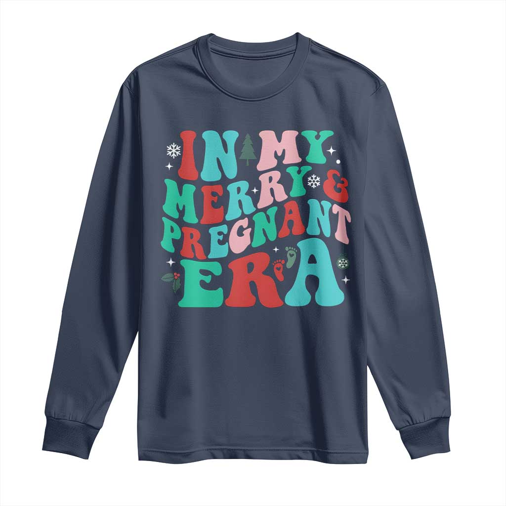 Christmas Pregnancy Announcement Long Sleeve Shirt Merry & Pregnant Era Cute Groovy Christmas Holiday Xmas TS10 Navy Print Your Wear