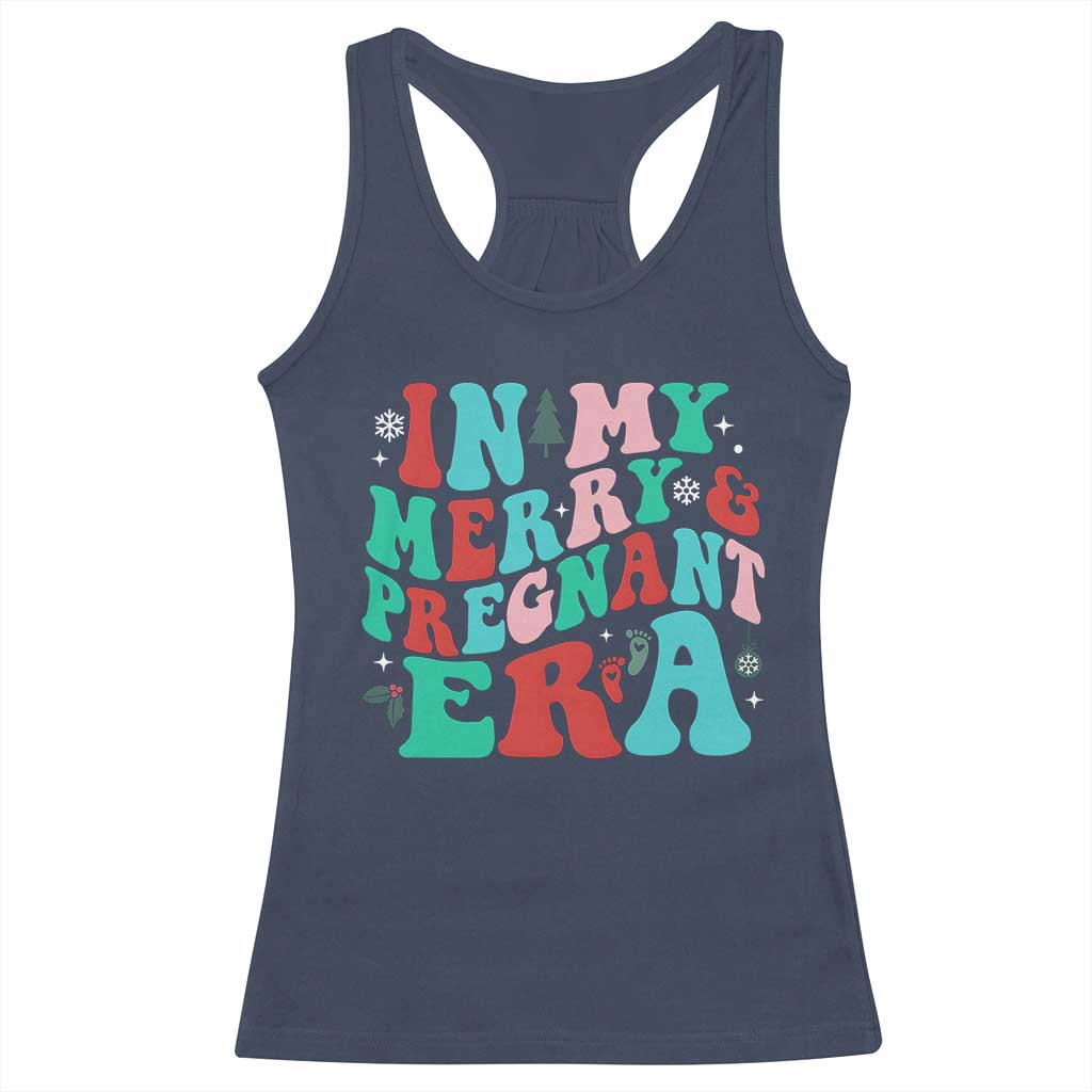 Christmas Pregnancy Announcement Racerback Tank Top Merry & Pregnant Era Cute Groovy Christmas Holiday Xmas TS10 Navy Print Your Wear