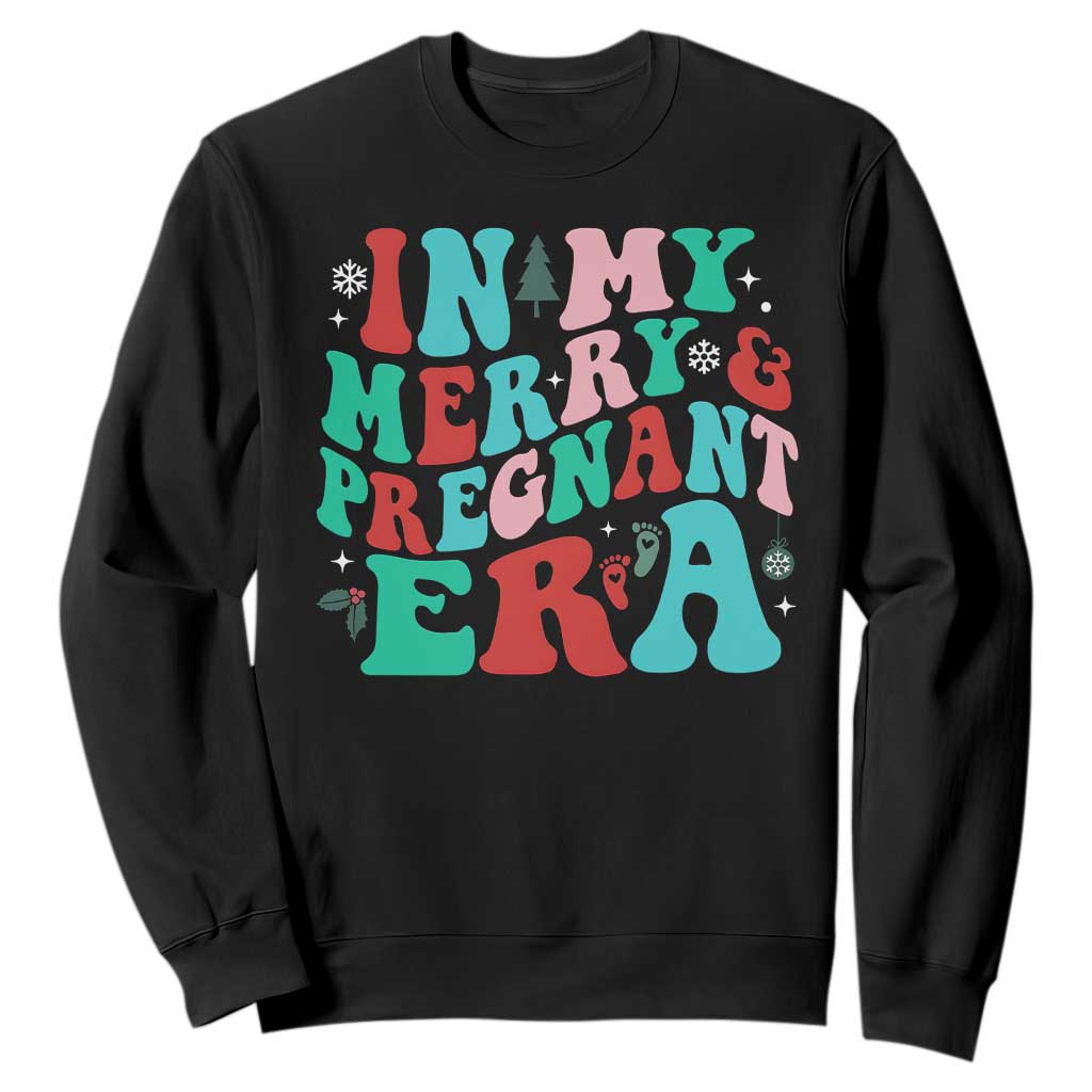 Christmas Pregnancy Announcement Sweatshirt Merry & Pregnant Era Cute Groovy Christmas Holiday Xmas TS10 Black Print Your Wear